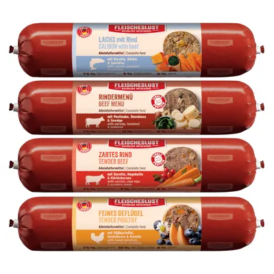 Fleischeslust hrană umedă: somon cu vită, meniu de vită, vită fragedă, carne de pasăre fină. Ingrediente: morcov, păstârnac, cartof dulce, dovleac, afine, mușețel. Hrană completă.