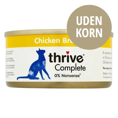 thrive Complete 0% Nonsense Chicken Breast kattemad dåse med teksten UDEN KORN synligt på emballagen thrive Complete 0% Nonsense Chicken Breast kattemad dåse med teksten UDEN KORN synligt på emballagen