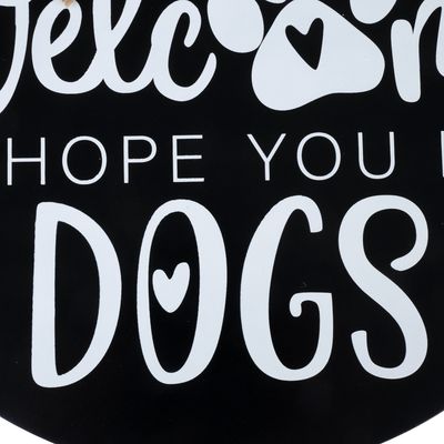 Text: 'Welcome, hope you like dogs' in white lettering on a black background.