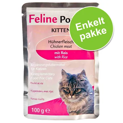 Feline Pou Kitten Hühnerfleisch mit Reis, Ergänzungsfuttermittel für Katzen, 100 g. Enkelt pakke. Tekst på tysk og engelsk synlig på emballagen.