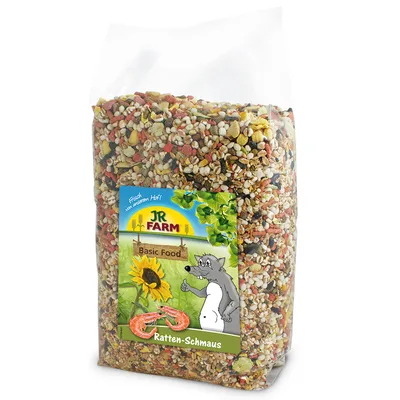 JR Farm Basic Food Ratten-Schmaus – zmes semien a granúl v priehľadnom balení, etiketa s obrázkom slnečnice, kreviet a kreslenou potkanou postavou.