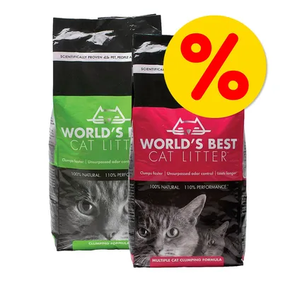 Två påsar World's Best Cat Litter, en grön och en röd variant, med texten '100% natural' och '110% performance'. Gul rabattikon med rött procenttecken syns ovanpå.