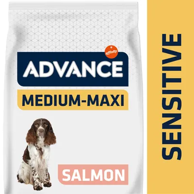 Упаковка корма для собак Advance Medium-Maxi Salmon Sensitive, изображение собаки, надписи: affinity, SALMON, SENSITIVE.