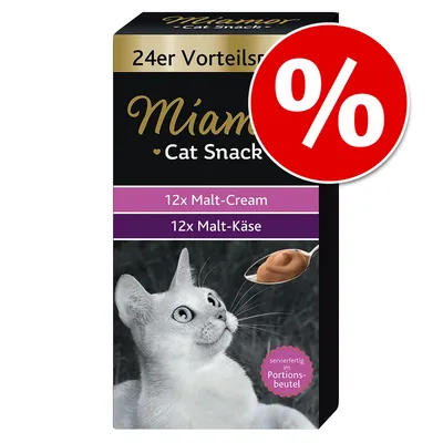 Miamor Cat Snack 24er Vorteilspack, 12x Malt-Cream, 12x Malt-Käse. Μεγάλο κόκκινο σύμβολο ποσοστού προσφοράς επάνω δεξιά στη συσκευασία.
