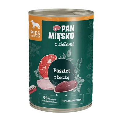 Pan Mięsko паштет с уткой и травами, 93% мяса из субпродуктов и бульона, гипоаллергенный. Для взрослых собак.