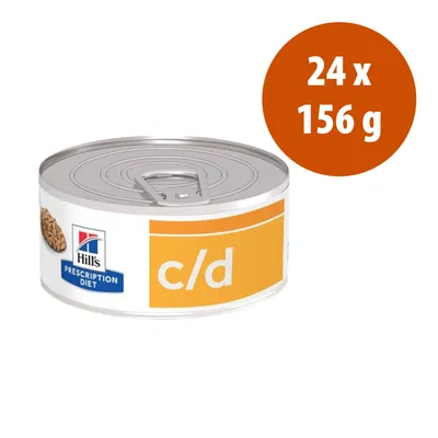 Hill's Prescription Diet c/d, confezione da 24 lattine da 156 g ciascuna. Testo visibile: 24 x 156 g.