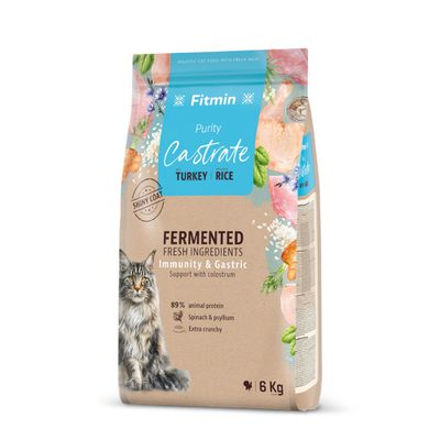 Fitmin Purity Castrate Turkey Rice, 6 kg. Fermentierte frische Zutaten, Immunität & Magen, 89% tierisches Protein, Spinat & Flohsamen, extra knusprig, Unterstützung mit Kolostrum.