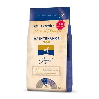 Fitmin Maintenance Maxi Original hondenvoer, 12 kg zak, +1 kg gratis. 78% dierlijke eiwitten uit kip, lam en zalm. Beoordelingsschaal met meerdere criteria zichtbaar onderaan de verpakking.