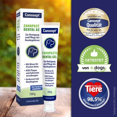 Canosept Zahnpaste Dental Gel, 100g. Voor reiniging en verzorging van het gebit van honden. Aanbevolen door dierenartsen, getest door e-dogs, 98,5% beveelt Canosept aan volgens enquête 2023.