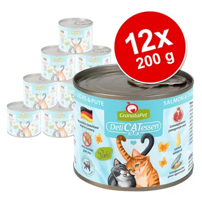 GranataPet DeliCATessen Salmon & Turkey, 12×200 g konzerv pro kočky. Vyobrazeno balení s texty: Ohne Getreide, Made in Germany, Granatapfelkerne, Lachsöl, Grünlippmuschel.