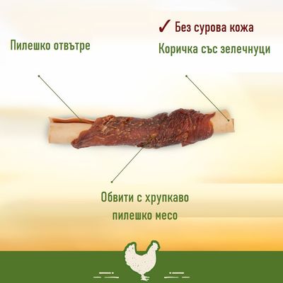 Пилешко отвътре, коричка със зеленчуци, обвити с хрупкаво пилешко месо. Без сурова кожа.