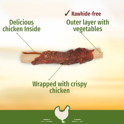 Rawhide-free treat with delicious chicken inside, outer layer with vegetables, wrapped with crispy chicken. Key features highlighted for product understanding.