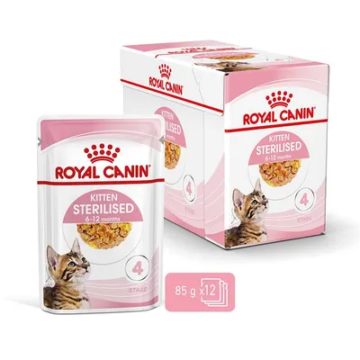 Royal Canin Kitten Sterilised 6-12 месеца, консервирана храна за котки, опаковка с 12 пауча по 85 г. Показани: опаковка и отделен пауч.