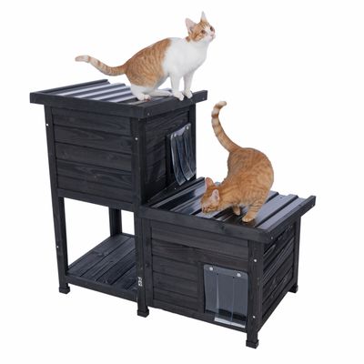 Twee katten op een zwart, meerlaags houten kattenhuis met transparante kleppen bij de ingangen.