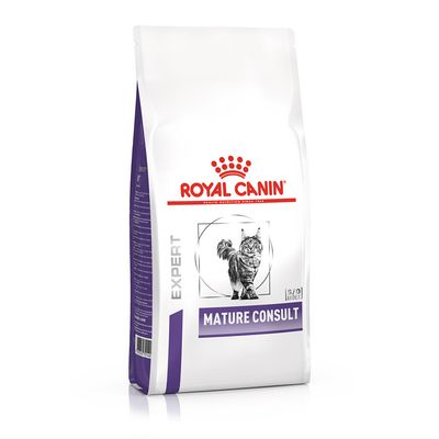 Royal Canin Expert Mature Consult храна за котки, опаковка с лилав акцент и изображение на котка. S/O Index видим.