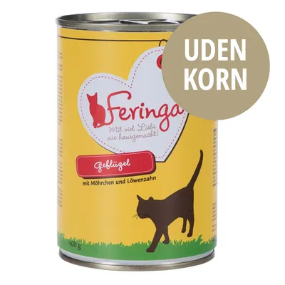 Feringa dåsekattemad, tekst: Mit viel Liebe wie hausgemacht!, Geflügel mit Möhrchen und Löwenzahn, UDEN KORN, 400 g. Gul emballage med kattegrafik.