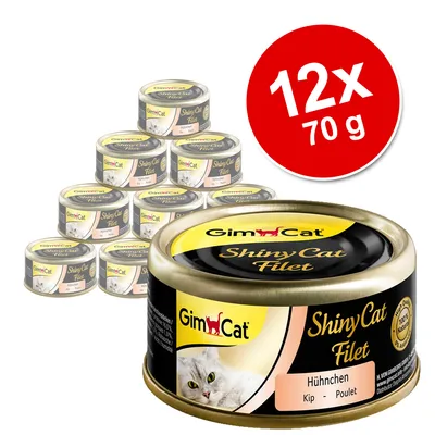GimCat Shiny Cat Filet, kylling, 12x70g. Produktbillede med flere dåser og rød markering af pakningsstørrelse.