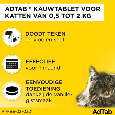 ADTAB kauwtablet voor katten 0,5–2 kg. Doodt teken en vlooien snel, effectief voor 1 maand, eenvoudige toediening dankzij vanille-gistsmaak. AdTab merknaam zichtbaar.