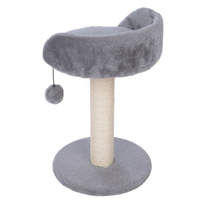 Grauer Kratzbaum mit Plüschbett, Sisalstamm und hängendem Spielball.