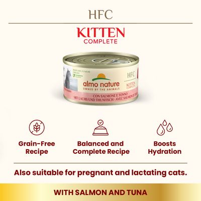 almo nature HFC Kitten Complete konzerv, lazaccal és tonhallal. Grain-Free Recipe, Balanced and Complete Recipe, Boosts Hydration, Also suitable for pregnant and lactating cats, WITH SALMON AND TUNA