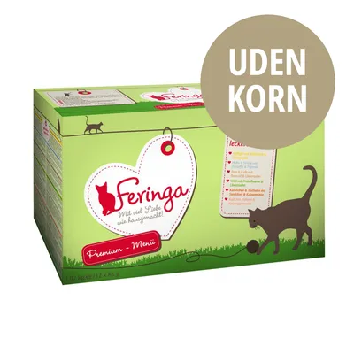 Feringa Premium-Menü kattemad, 1,02 kg (12 x 85 g), synlig tekst: 'Mit viel Liebe wie hausgemacht', stor cirkel med teksten 'UDEN KORN' på emballagen. Feringa Premium-Menü kattemad, 1,02 kg (12 x 85 g), synlig tekst: 'Mit viel Liebe wie hausgemacht', stor cirkel med teksten 'UDEN KORN' på emballagen.