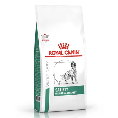 Bag labelled Royal Canin Veterinary Nutrition Satiety Weight Management, showing product name and weight management purpose.