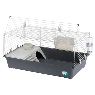 Gabbia per piccoli animali con base in plastica, griglia metallica, casetta interna con scaletta, ciotola, beverino e mangiatoia visibili.