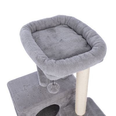 Grauer Kratzbaum mit gepolsterter Liegefläche, Höhle und Spielball an einer Schnur. Sisal umwickelter Kratzstamm sichtbar.