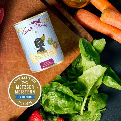 Terra Canis házikoszt kutyáknak. Marha almával, sárgarépával és csipkebogyóval. 100% természetes, élelmiszer-minőség, Puppy Menu. Kék-fehér csíkos doboz kutya grafikával.