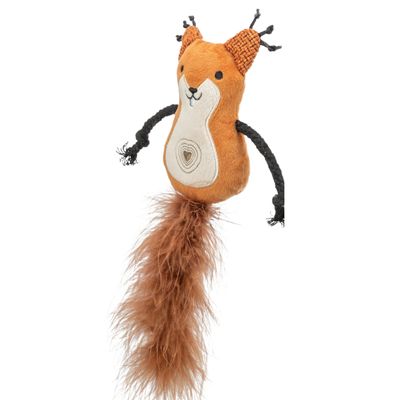 Pluszowa zabawka w kształcie pomarańczowej wiewiórki z długimi czarnymi ramionami i puszystym ogonem.