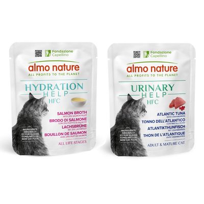 Almo Nature Hydration Help HFC Ziegenmilch, natürliche Umami-Zutaten, geeignet für alle Lebensphasen. Fondazione Capellino, Zutaten ursprünglich für menschlichen Verzehr, jetzt Katzenfutter.