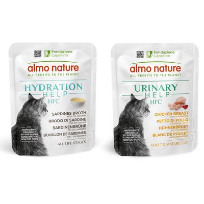 Almo Nature Hydration Help HFC Ziegenmilch, natürliche Umami-Zutaten, geeignet für alle Lebensphasen. Fondazione Capellino, Zutaten ursprünglich für menschlichen Verzehr, jetzt Katzenfutter.