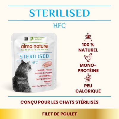 almo nature STERILISED HFC filet de poulet pour chats adultes stérilisés, 100 % naturel, mono-protéine, peu calorique. Conçu pour les chats stérilisés. Fondazione Capellino.