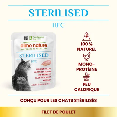almo nature STERILISED HFC filet de poulet pour chats adultes stérilisés, 100 % naturel, mono-protéine, peu calorique. Conçu pour les chats stérilisés. Fondazione Capellino.