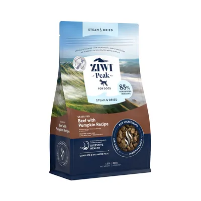 Ziwi Peak Hundefutter, Grass-fed Beef mit Kürbis-Rezept, 85% tierische Zutaten, schonend gedämpft, unterstützt Verdauungsgesundheit, 800g Packung.