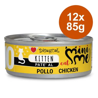 Disugual Mini Me Kitten Paté de pollo, 12x85g. Etiqueta amarilla con motivo de gato y texto 'Chicken'.