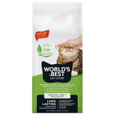 WORLD'S BEST Cat Litter Comfort Care Unscented, gemaakt met maïs, langdurig, natuurlijk veilig voor kat en mens. Tekst: LONG LASTING, NEW Look, Made with Corn, Sustainably.