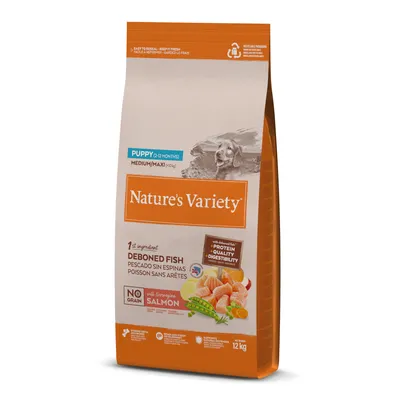 Nature's Variety dry food for puppies from 2 months, Medium/Maxi (>10kg), main ingredient deboned fish, with Norwegian salmon, grain-free, 12kg pack.