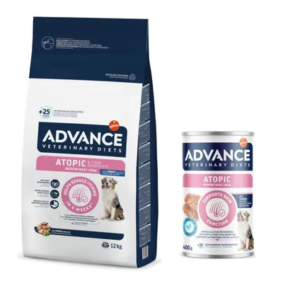 12 kg Advance Veterinary Diets droogvoer voor honden + 400 g Advance Veterinary Diets natvoer gratis - 12 kg Atopic mit Forelle + 400 g Atopic Medium/Maxi