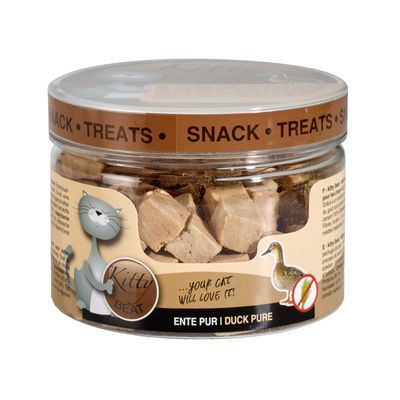 Kitty Beat kattensnack in transparante pot, zichtbare blokjes. Tekst: 'SNACK TREATS', 'ENTE PUR | DUCK PURE', '...your cat will love it!'. Illustratie van kat en eend op etiket.