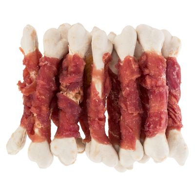 Vita tuggben lindade med torkat rött kött, lämpliga som snacks eller belöning för husdjur.