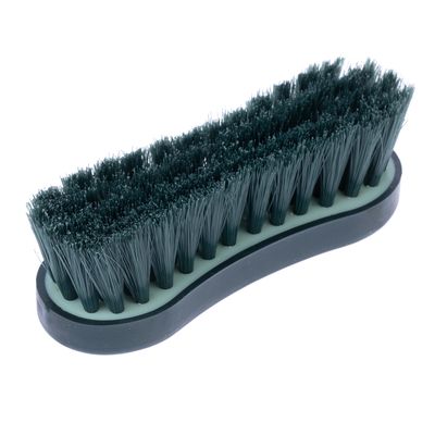 Ръчна четка с тъмнозелени влакна и ергономична пластмасова дръжка, подходяща за почистване.