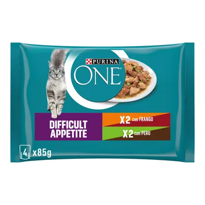 Purina ONE Difficult Appetite, 4 x 85g, X2 com frango, X2 com peru. Texte en anglais et portugais sur l’emballage.