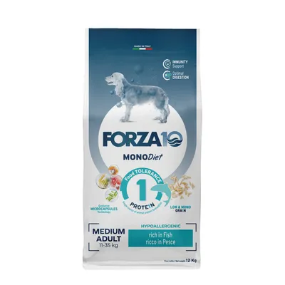 FORZA10 MONODiet Medium Adult 11–35 kg, hypoalergenní, rich in Fish, 1 protein, 12 kg. Food Tolerance, Low & Mono Grain, Immunity Support, Optimal Digestion, Exclusive Microcapsules Technology. FORZA10 MONODiet Medium Adult 11–35 kg, hypoalergenní, rich in Fish, 1 protein, 12 kg. Food Tolerance, Low & Mono Grain, Immunity Support, Optimal Digestion, Exclusive Microcapsules Technology.