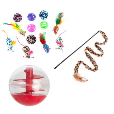 Set mit Spielangel, durchsichtiger Ball mit rotem Einsatz, bunten Bällen und Plüschmäusen. Rotes Prozentzeichen für Rabattaktion sichtbar.