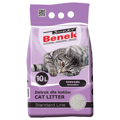 Super Benek Katzenstreu, Lavendelduft, 10L, Standard Line. Verpackung zeigt eine graue Katze und Streuabbildung.