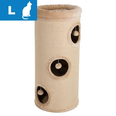 Duży drapak dla kota, beżowy cylinder z trzema otworami i wiszącymi piłkami, materiał: tkanina. Ikona kota i litera L w lewym górnym rogu.