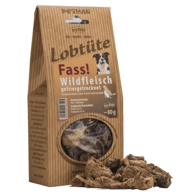Petman Lobtüte Fass! Wildfleisch gefriergetrocknet, Einzelfuttermittel für Hunde und Katzen. Zusammensetzung: 100% Wildfleisch, Protein 53,4%, Fettgehalt 36,5%. Inhalt: 80g.
