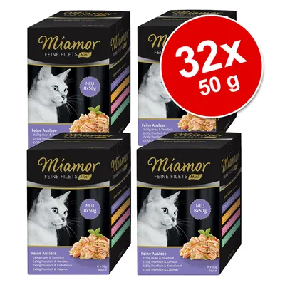 Miamor Feine Filets Mini, Feine Auslese, 32x50g. Varianter: kylling & tun, tun & grøntsager, tun & krabbekød, tun & blæksprutte. Ny 8x50g pose.
