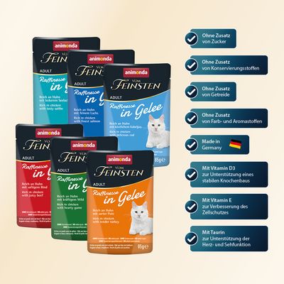 animonda Vom Feinsten Adult Raffinesse in Gelee, sachets pour chat. À droite : Ohne Zusatz von Zucker, Konservierungsstoffen, Getreide, Farb- und Aromastoffen, Made in Germany, Mit Vitamin D3, E, Taurin.